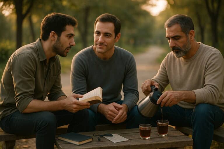 سه مرد ایرانی در یک گردهمایی دوستانه در پارک، در حال گفتگو، لبریز از همدلی و آرامش
