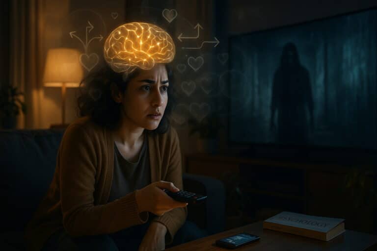 زن جوان ایرانی بسیار حساس روی مبل، در حال تردید برای پخش فیلم ترسناک، با تصویر مغز و مسیرهای عصبی درخشان اطراف سرش.